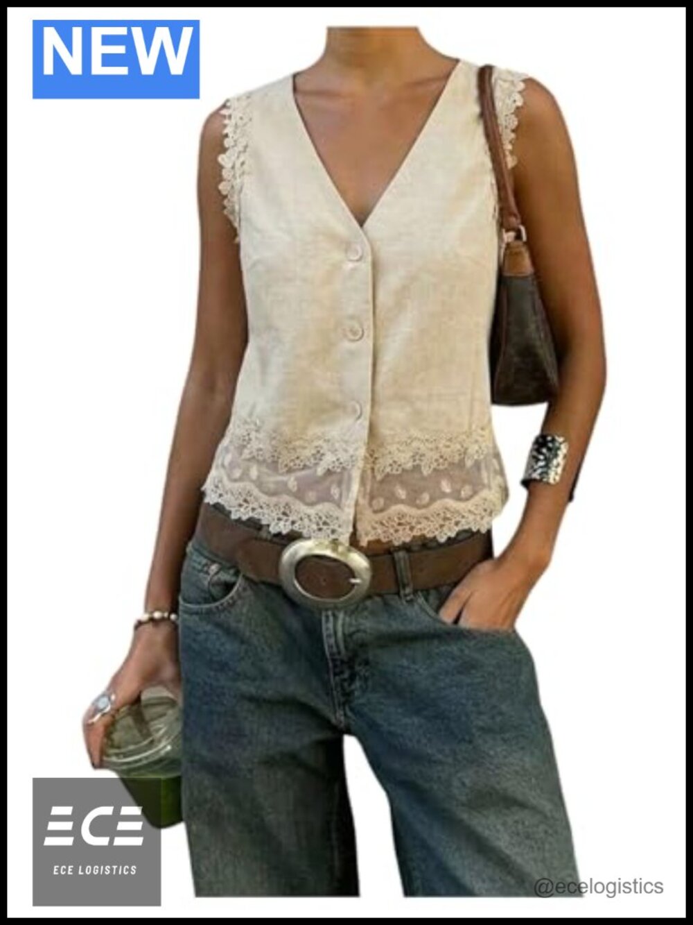 WDIRARA Lace Trim V Neck Sleeveless Button Up Tank Top Blouse